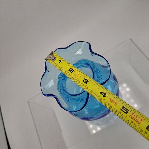 Pilgrim Ruffle Vase Hand Blown Blue Glass Clear Ribbed Applied - Picture 3 of 5